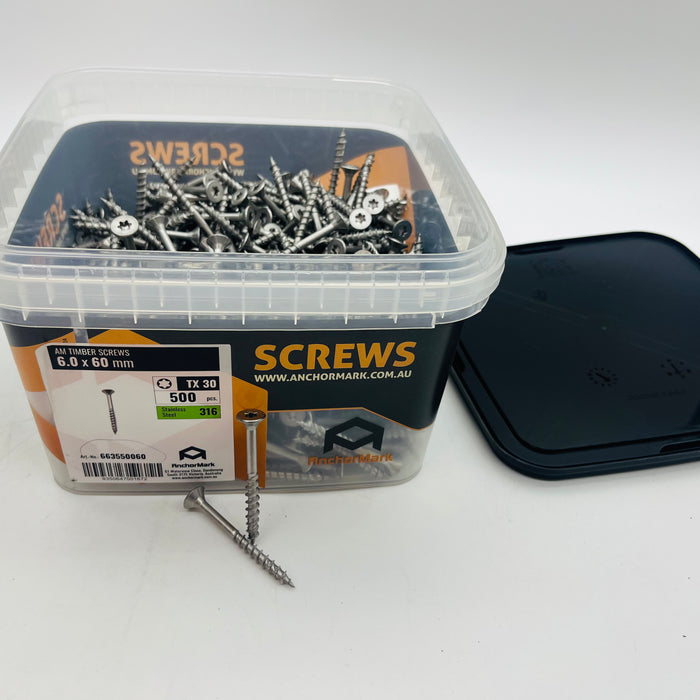 AnchorMark All Timber Screws A4 316 6.0x60mm Stainless Steel TX30  (QTY 500)