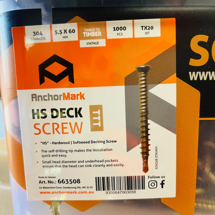 AnchorMark HS Decking Screws 304 Stainless 5.5x60 TX20 VINTAGE (QTY 1000)