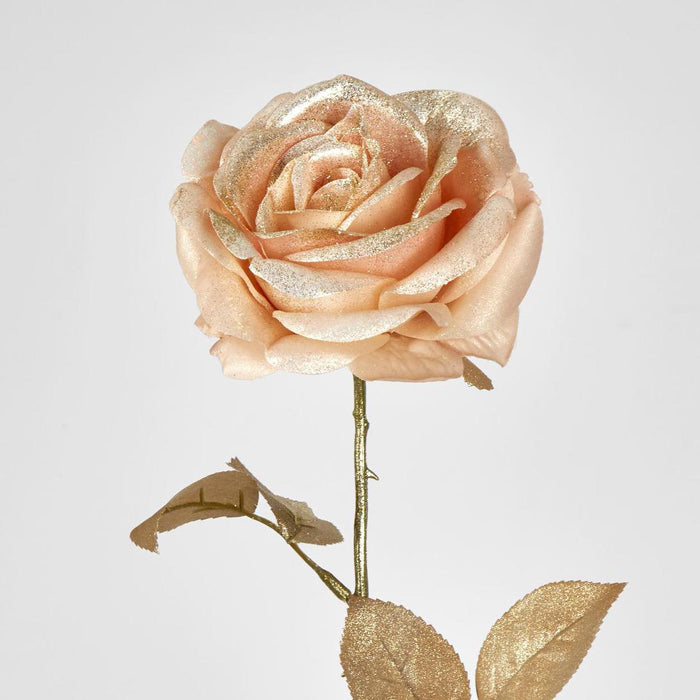 Champagne with Champagne Gold Glitter Christmas Venus Rose with 2 sets of Leaves 6 pcs