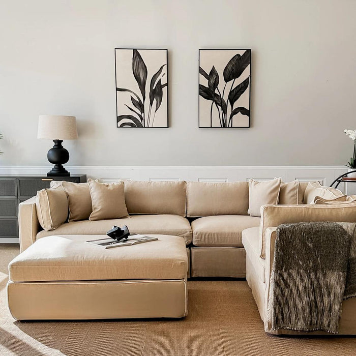 Marbella Modular Sofa Natural with White Piping - Right Facing