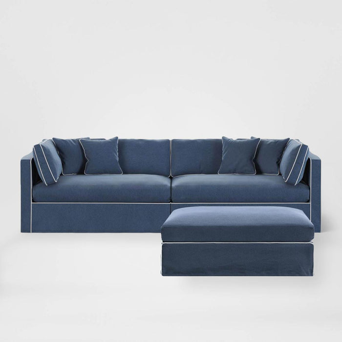 Marbella Modular 4 Seater Sofa Reversible Ottoman Chiase Navy W/White Piping