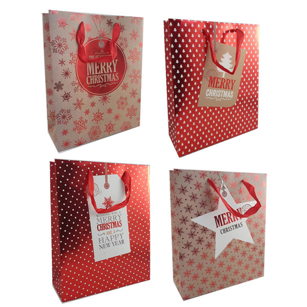 Xmas Gift Bag Glitter/Craft Paper Med 17.5X23.5X8Cm 4Asst