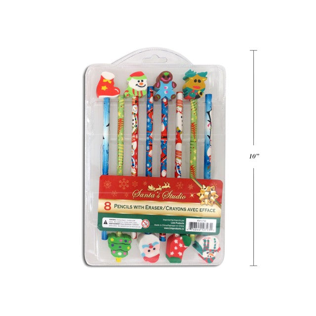 Xmas Pencils W/Eraser Topper Pk 8 19Cm Pack Size