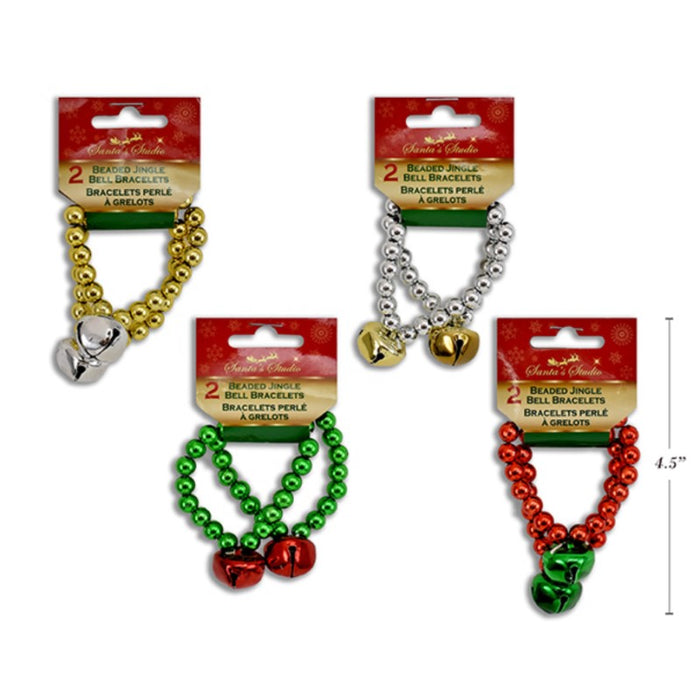 Xmas Bracelet Pk2 Beaded Jingle Bell Dsn 4Asst