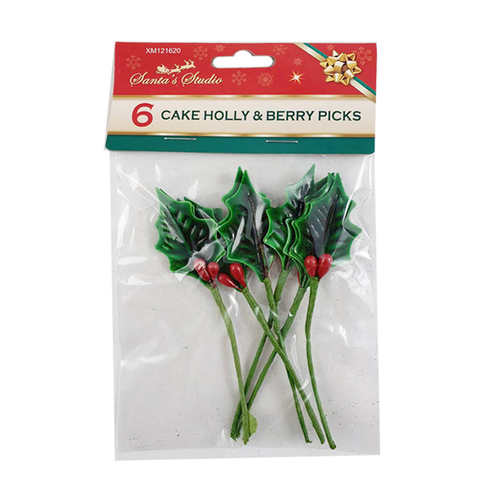 Xmas Cake Holly & Berry Picks Pk6 10.5Cm