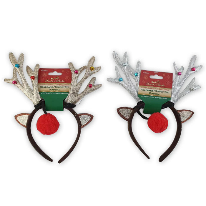 Xmas Headband Glitter Reindeer W/Nose 2Asst