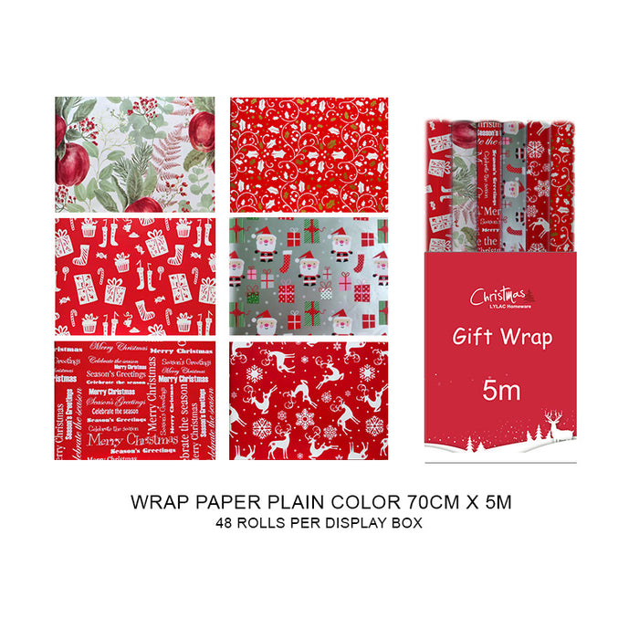 Xmas Gift Wrap 70Cmx5M 6Asst