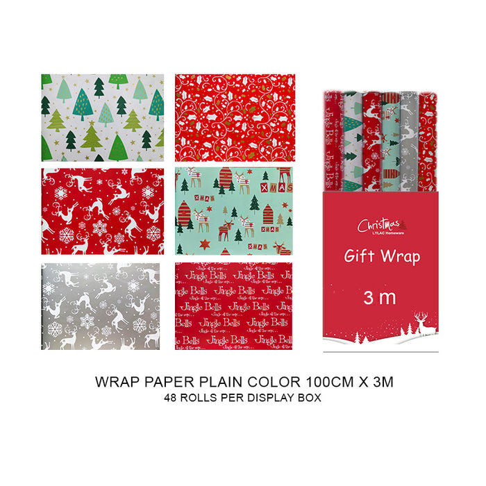 Xmas Gift Wrap 100Cmx3M 6Asst