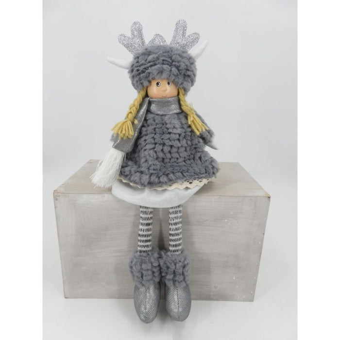 Plush Antler Hat Girl Sitting 14X10X46Cm Gray