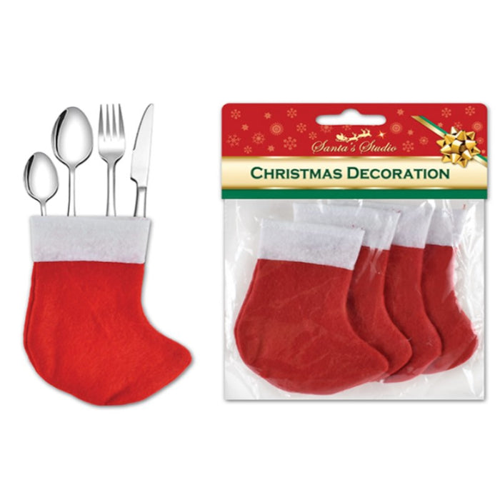 Xmas Mini Stocking Cutlery Holder 4Pk 13.5Cm Non-Woven