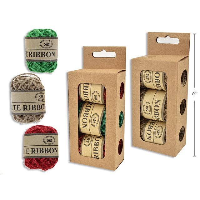 Xmas Ribbon Roll 3Pk 5M Jute 2 Asst Natural/ 2-Red + 1-Green