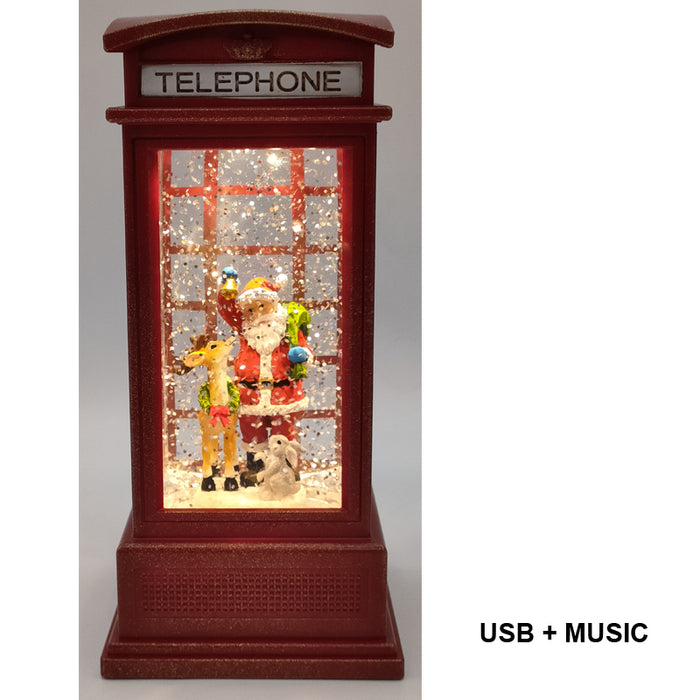 Water Glittern Lantern Telephone Booth Usb+Music 19.8X9.2Cm