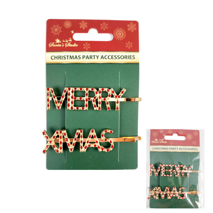 Xmas Hair Clips 2P "Merry Xmas" Diamante