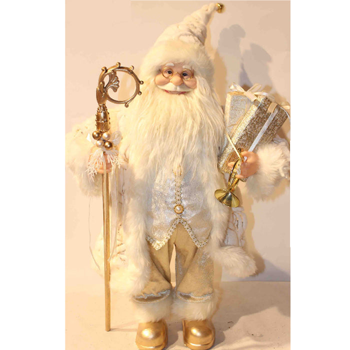 60Cm Santa White Coat W/Sceptre & Gifts