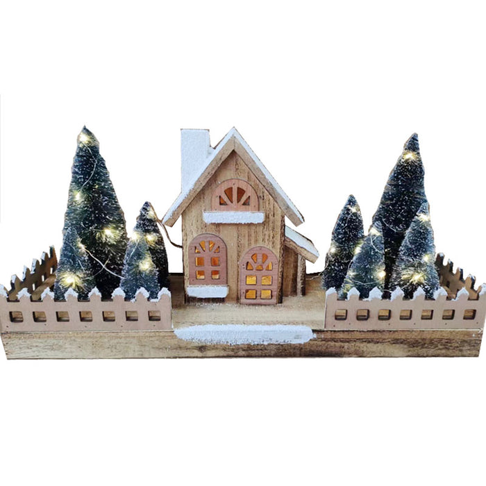 Wooden House with Mini Trees and 30 LED Lights ‚Äì 20cm Christmas Decoration