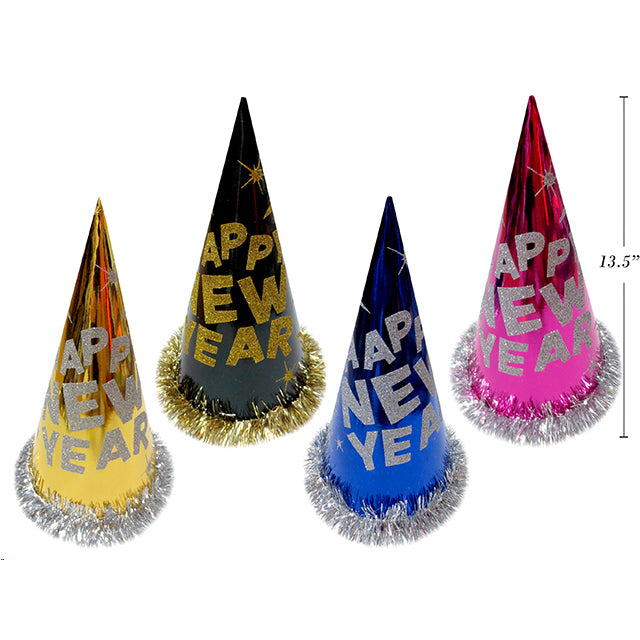 New Year Foil Hat W/Tinsel Rim 34.3Cm Asst