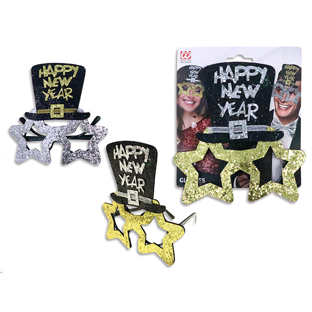 New Year Glasses 17.5Cm Glitter Star Top Hat Dsn 2 Asst