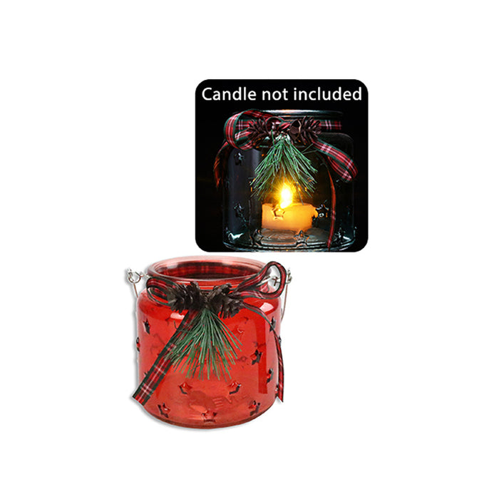 Glass Candle Holder 10Cm Embossed Star W/Cones+ Ribbon 3Cols