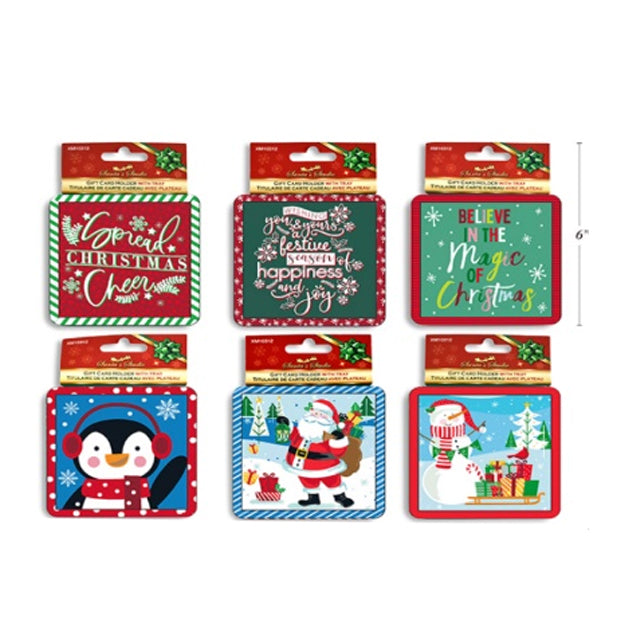 Xmas Gift Card Holder Tin Sqr W/ Clear Pvc Tray For Gift Card 6 Asst