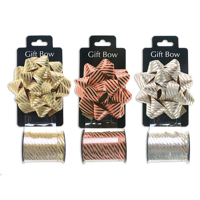 Xmas Gift Bow + Ribbon 2Pk Matte Striped 3 Asst