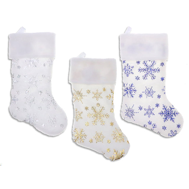 Xmas Flurry W/Hotstamped Snowflake Stocking Plush Foldover Cuff 45Cm 3Asst