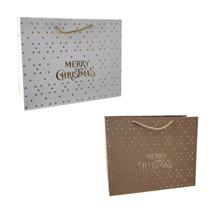 Xmas Gift Bag Gold Stars & Merry Christmas 32*26*10Cm Horizontal