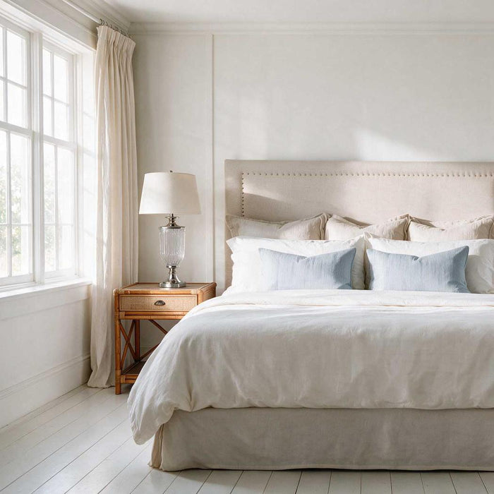 Bellevue Glass Nickel Lamp With White Linen Shade