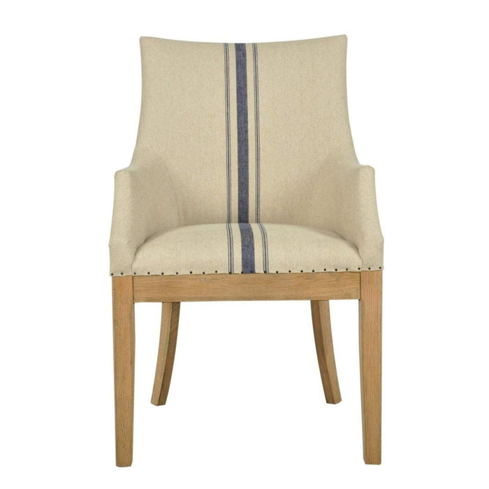 Oakwood Hamptons Linen Arm Chair Natural/Blue Stripe W/ Studs