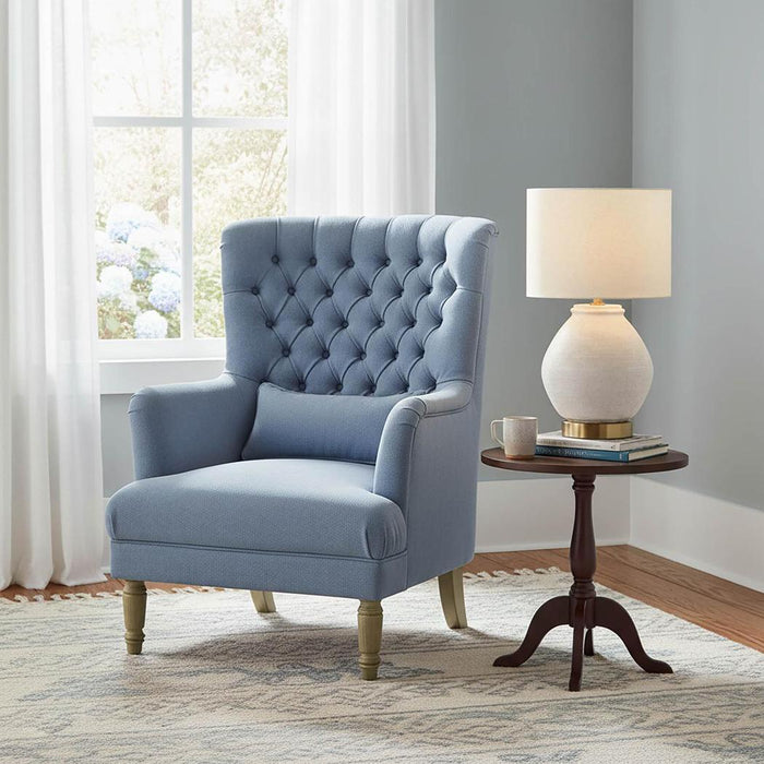 Bayside Slate Blue Hamptons Button Tufted Winged Armchair W/Wooden Legs