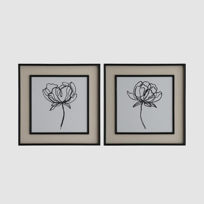 Sketched Flowers In Black Frame With Linen Insert Set 2