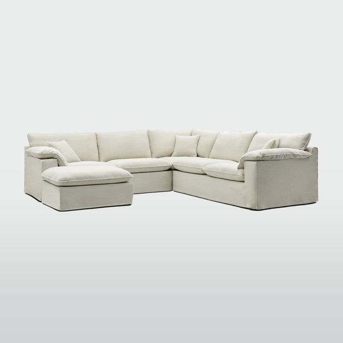 Norfolk 5 Seater Modular with Chaise (Reversible) Beige with W/ White Piping