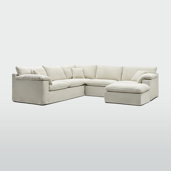 Norfolk 5 Seater Modular with Chaise (Reversible) Beige with W/ White Piping