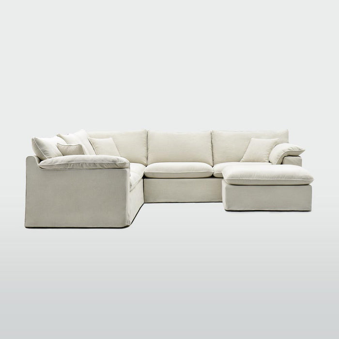Norfolk 5 Seater Modular with Chaise (Reversible) Beige with W/ White Piping