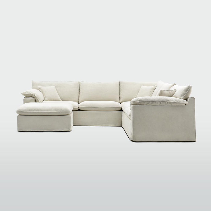 Norfolk 5 Seater Modular with Chaise (Reversible) Beige with W/ White Piping