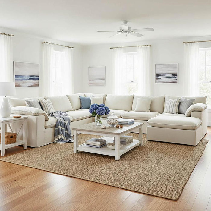 Norfolk 5 Seater Modular with Chaise (Reversible) Beige with W/ White Piping
