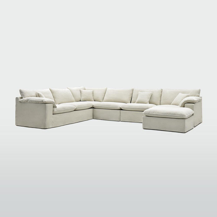 Norfolk 6 Seater Modular with Chaise (Reversible) Beige with W/ White Piping