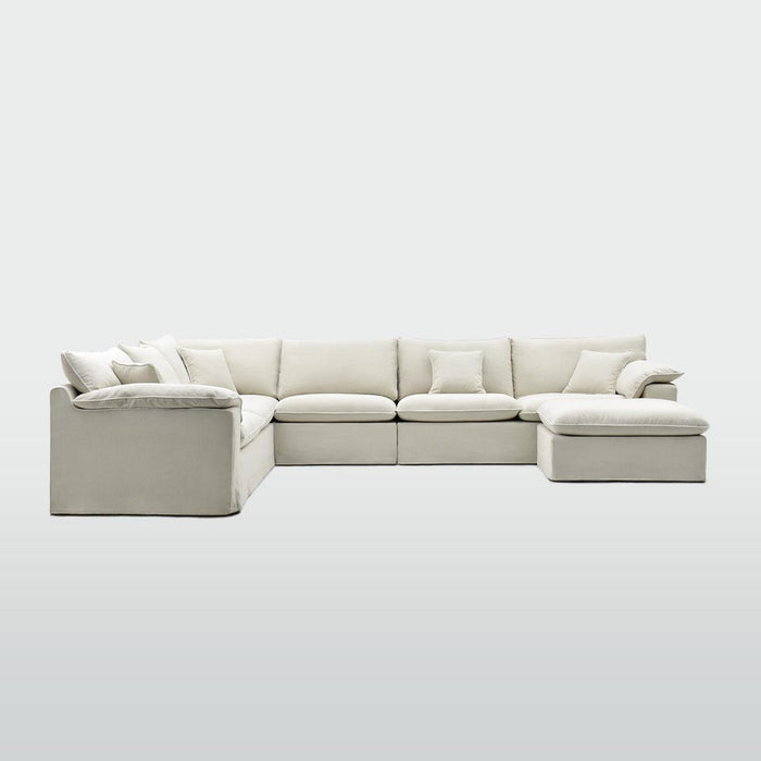 Norfolk 6 Seater Modular with Chaise (Reversible) Beige with W/ White Piping