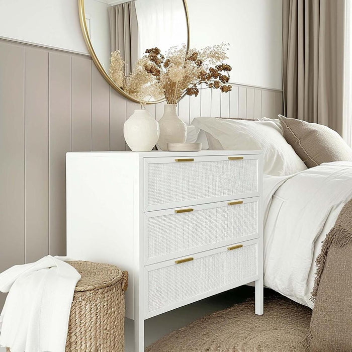 Santorini Hamptons 3 Drawer Timber/Rattan Dresser 100cm White