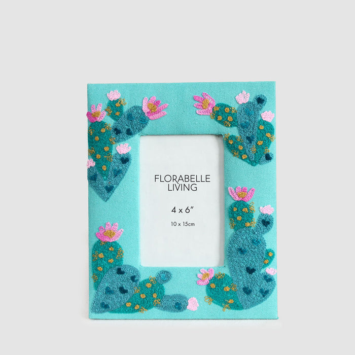 Prickly Pear Cactus 4 x 6 Embroidered Photoframe Teal