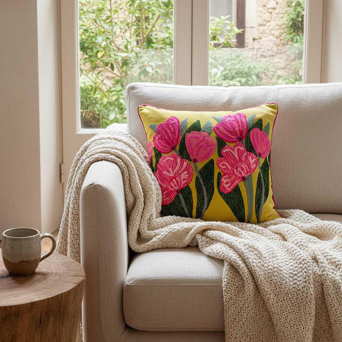Lotus Flower 50x50cm Embroidered Cushion Yellow