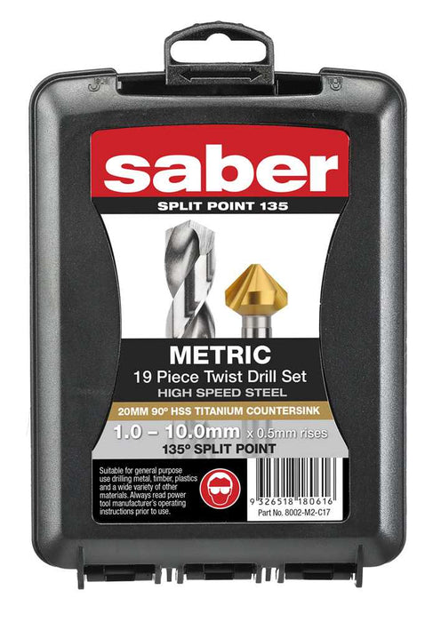 Saber 19 Piece Bright HSS Jobber Set 1.0-10.0 x 0.5mm - Bonus 20mm Countersink