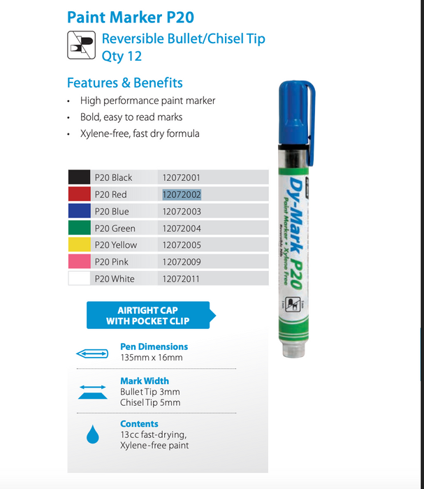 Dy-Mark P20 Paint Marker Reversible Bullet/Chisel Tip  (Box of 12)