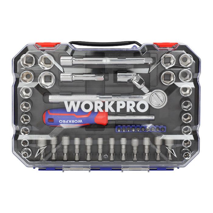 Workpro 47 pieces 3/8" Dr. 6 Point Socket Set Deep Socket Set Metric Wrench CRV 1/4" Drive Flexiable Extension Bar Tools