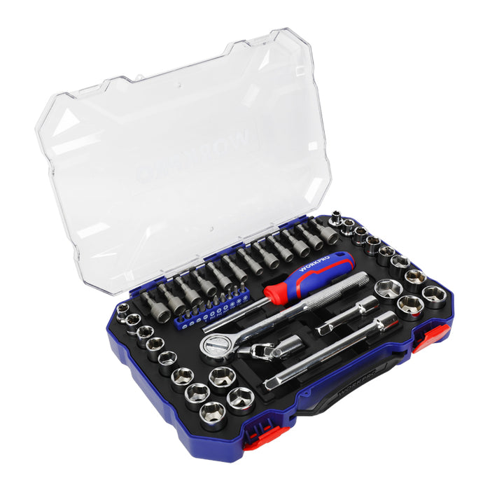 Workpro 47 pieces 3/8" Dr. 6 Point Socket Set Deep Socket Set Metric Wrench CRV 1/4" Drive Flexiable Extension Bar Tools