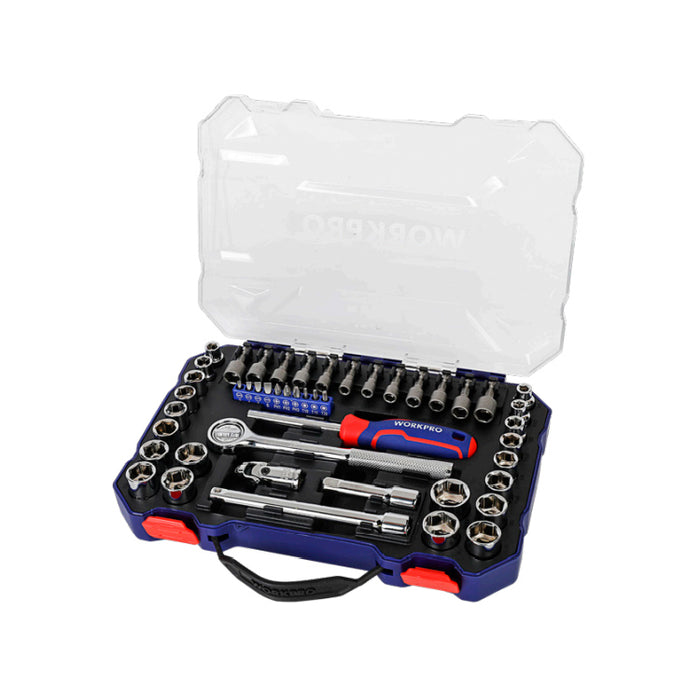 Workpro 47 pieces 3/8" Dr. 6 Point Socket Set Deep Socket Set Metric Wrench CRV 1/4" Drive Flexiable Extension Bar Tools