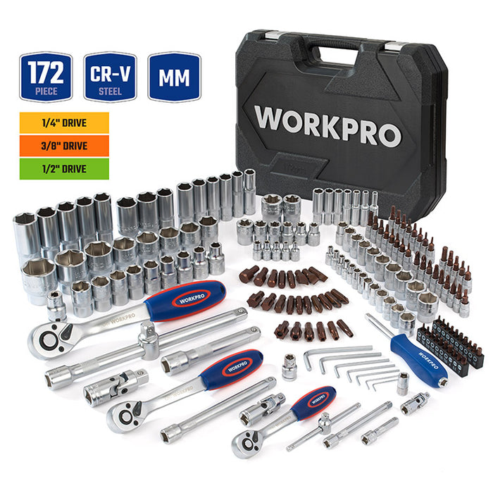 Workpro 172 pieces 1/4"+3/8"+1/2" Drive Mechanics Tool Set WP202545