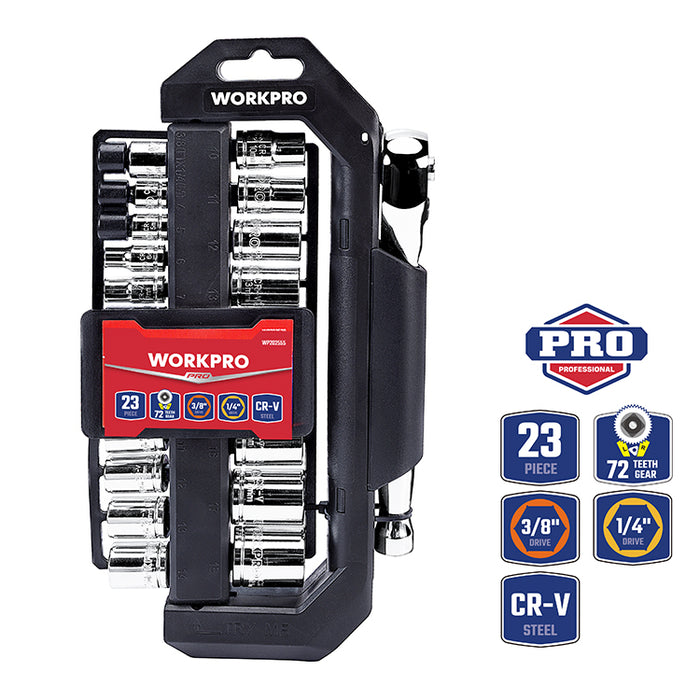 Workpro 23 Pieces 1/4"+ 3/8"Dr. Socket Set With Rotatable Rack WP202555