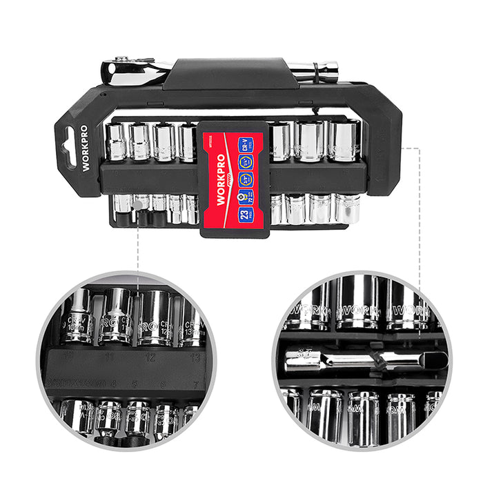 Workpro 23 Pieces 1/4"+ 3/8"Dr. Socket Set With Rotatable Rack WP202555