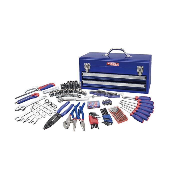 Workpro 205-Piece Mechanics Tool Set with 3-Drawer Heavy-Duty Metal Tool Box, Complete Professional Repair Kit for Home, Garage, and Workshop Use