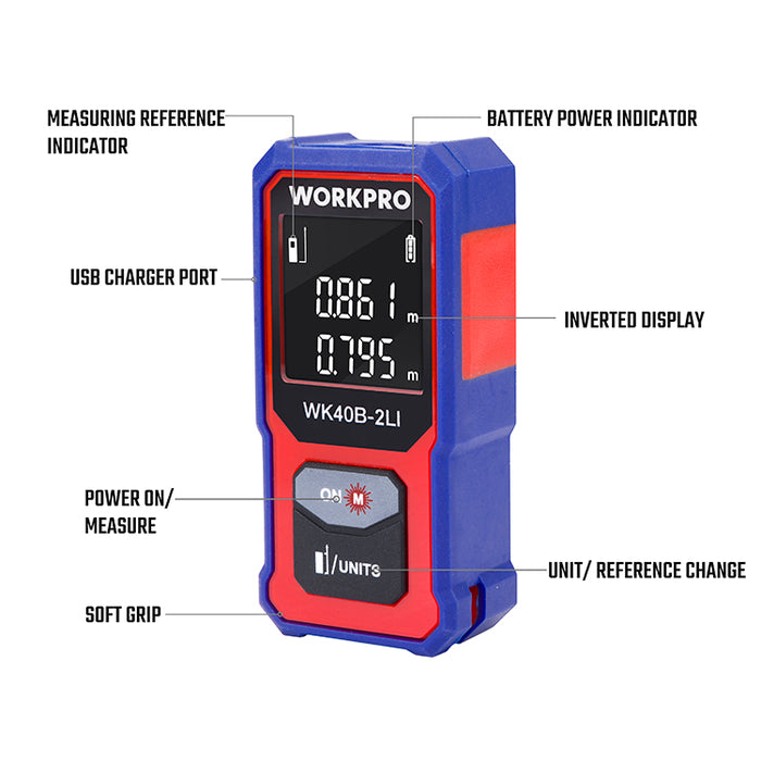 Workpro 40M(135Ft) Rechargeable Laser Distance Measure WP267001